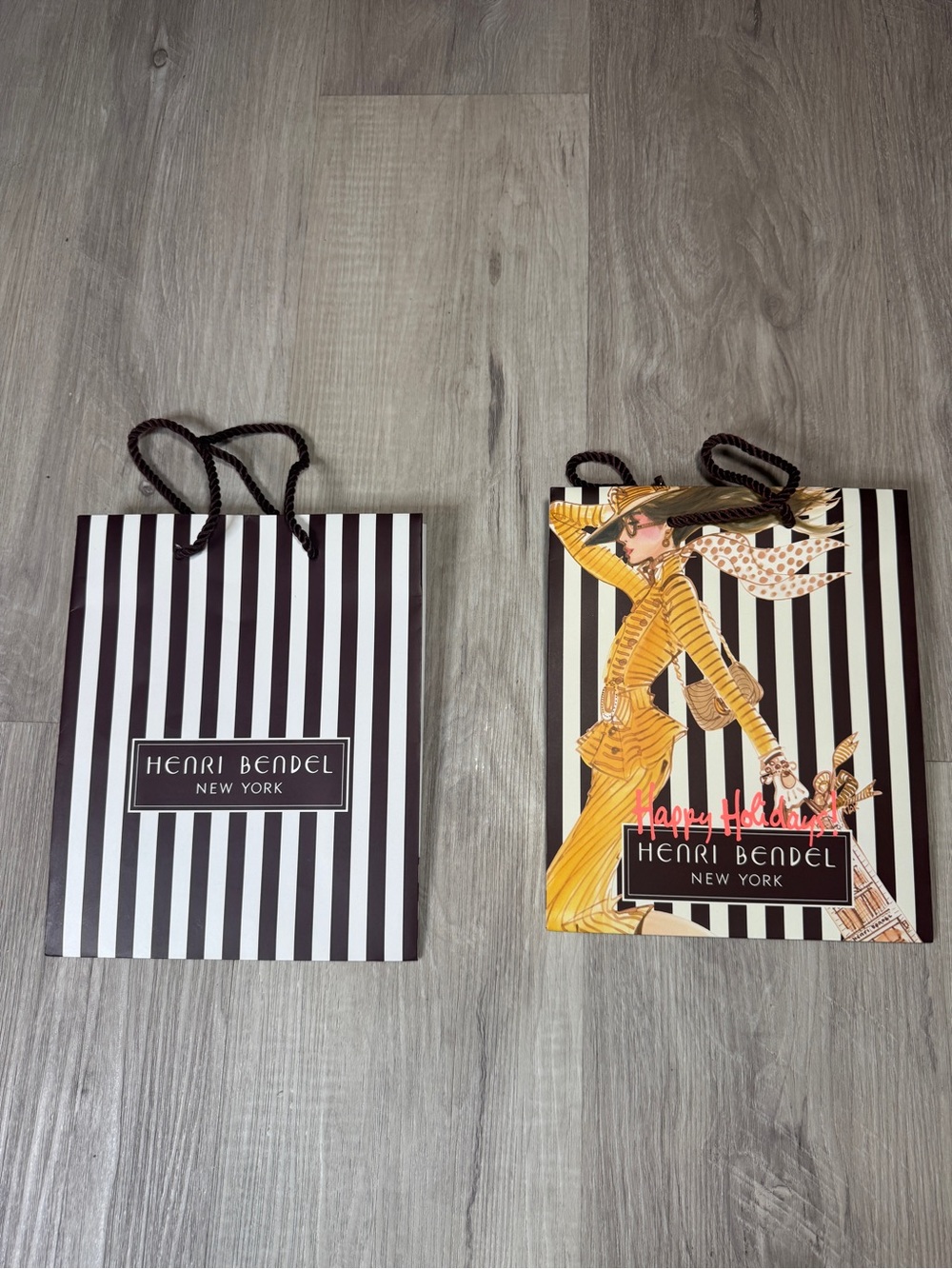 henri bendel Black & White Striped Tote Bags with Yellow Fashion Illustration